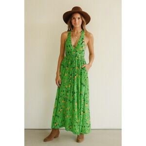Womens Green Floral Halter Neck Open Back Maxi Dress Size S Boho Summer‎ Beach